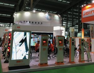 Charging stations displayed in an EVSE Exhibition in Shenzhen 
